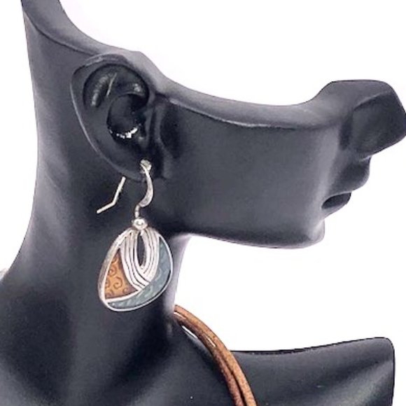 Vintage Artisan Enamel Pendant Necklace & Earrings Set with Ceramic Beads - Picture 4 of 11